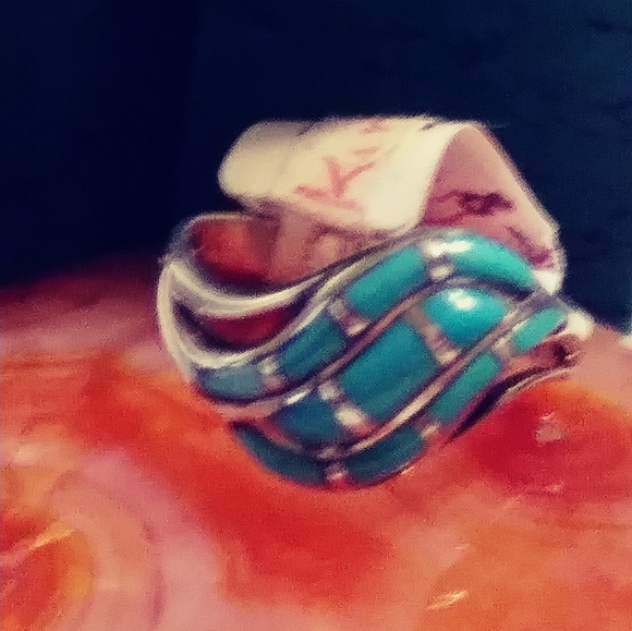 STERLING/KINGMAN INLAY TURQUOISE RING.(R-09) (SIZE-10) - Picture 3 of 11